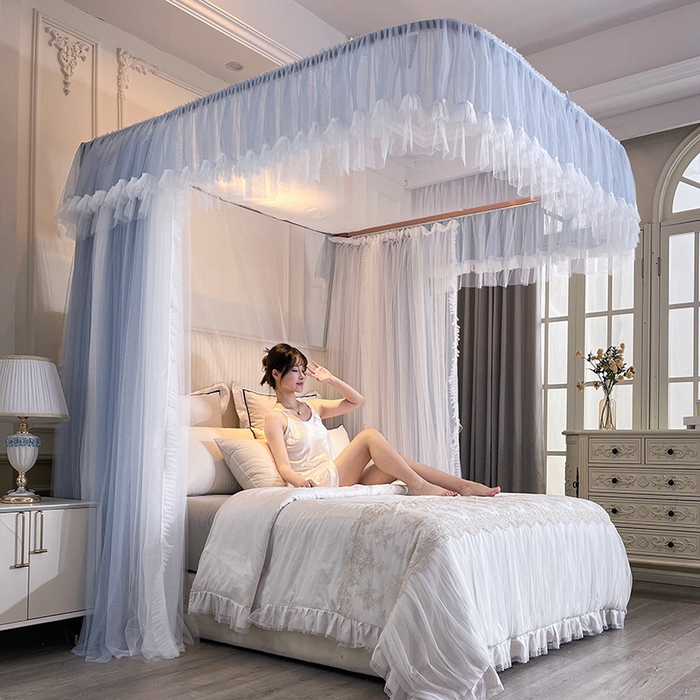 91家纺网 家纺一手货源 找家纺 宝莱利 2025年新款拉幕导轨蚊帐（可升降合金弯头支架）-田园风情 灰蓝色