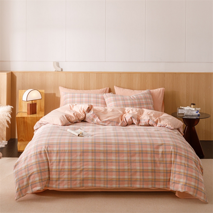 91家纺网 家纺一手货源 找家纺 趣色家纺 2025新款全棉色织水洗棉四件套 简兮粉