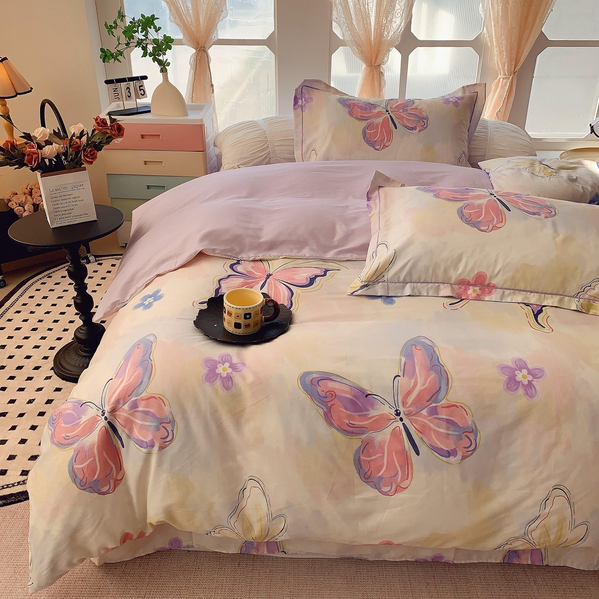 91家纺网 家纺一手货源 找家纺 奈萝家纺 2025新款亲肤小清新全棉四件套 紫蝶