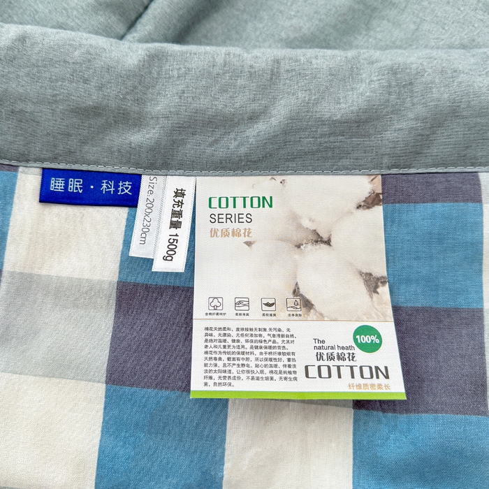 91家纺网 家纺一手货源 找家纺 首爱家纺 2025新款里外全棉夏被手包边新疆棉花夏被空调被夏凉被 蓝中格