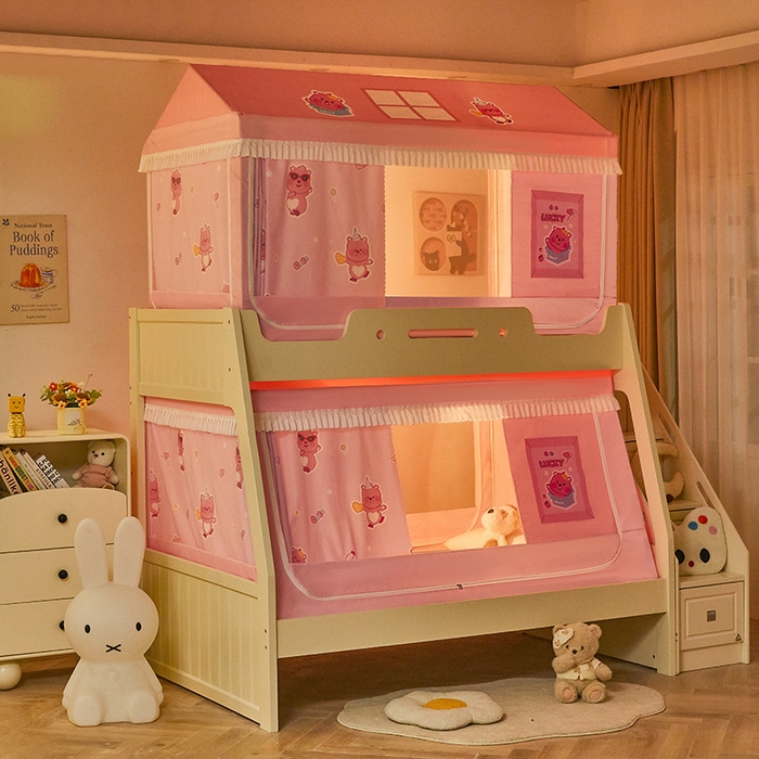 91家纺网 家纺一手货源 找家纺 迪凡保罗蚊帐 2025新款2504专版印花遮光帘上下铺子母蚊帐-城堡款 粉红小熊