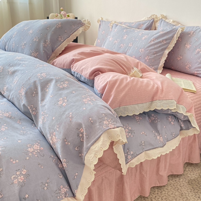 91家纺网 家纺一手货源 找家纺 梦可莱家居 2025新款全棉韩版蕾丝边床盖四件套 小幸福