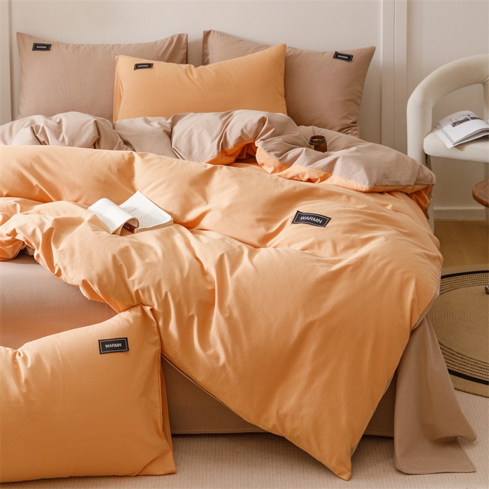 91家纺网 家纺一手货源 找家纺 趣色家纺 2025新款全棉双拼纯色四件套 焦糖+驼色