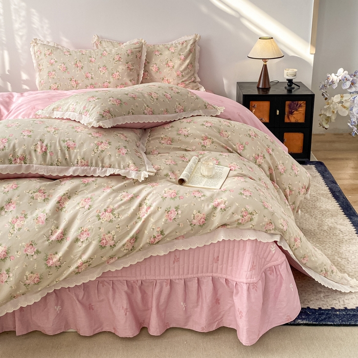 91家纺网 家纺一手货源 找家纺 梦可莱家居 2025新款全棉韩版蕾丝边床盖四件套 玫瑰