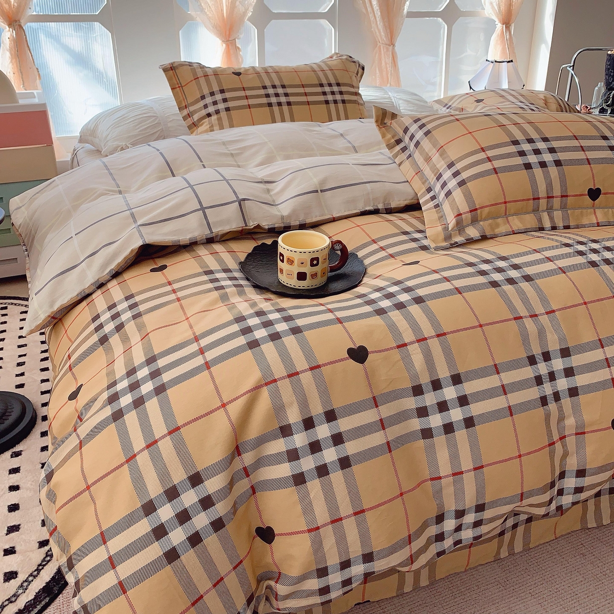 91家纺网 家纺一手货源 找家纺 奈萝家纺 2025新款亲肤小清新全棉四件套 咖啡格