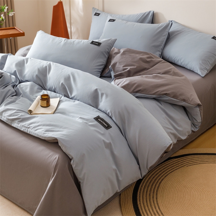 91家纺网 家纺一手货源 找家纺 趣色家纺 2025新款全棉双拼纯色四件套 雾霾蓝+浅灰