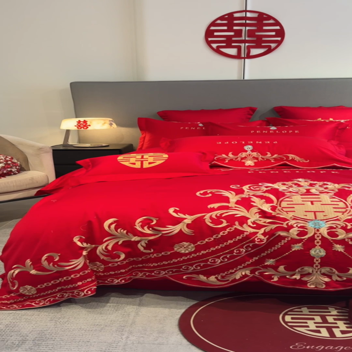 91家纺网 家纺一手货源 找家纺 欧乐蒂 2025新款欧式亲肤棉婚庆四件套 布拉格-红