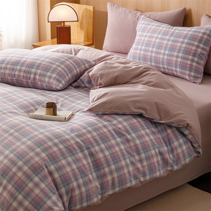 91家纺网 家纺一手货源 找家纺 趣色家纺 2025新款全棉色织水洗棉四件套 丁香格