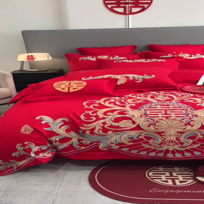 91家纺网 家纺一手货源 找家纺 欧乐蒂 2025新款欧式亲肤棉婚庆四件套 梦巴黎-红