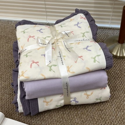 91家纺网 家纺一手货源 找家纺 （总）荣轩 2024新款全棉印花双层纱四件套 皱皱纱花边款