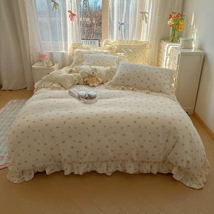 91家纺网 家纺一手货源 找家纺 轻奢坊 2025新款水洗棉密拷花边款 四件套 柠檬