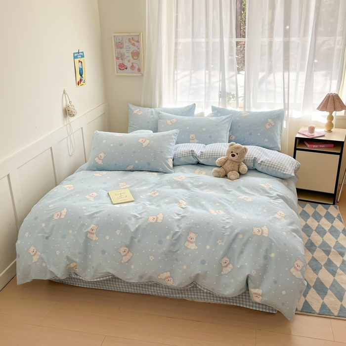 91家纺网 家纺一手货源 找家纺 吉象家纺 2025新款高支密全棉印花四件套12868跑量款 蓝色泡芙狗