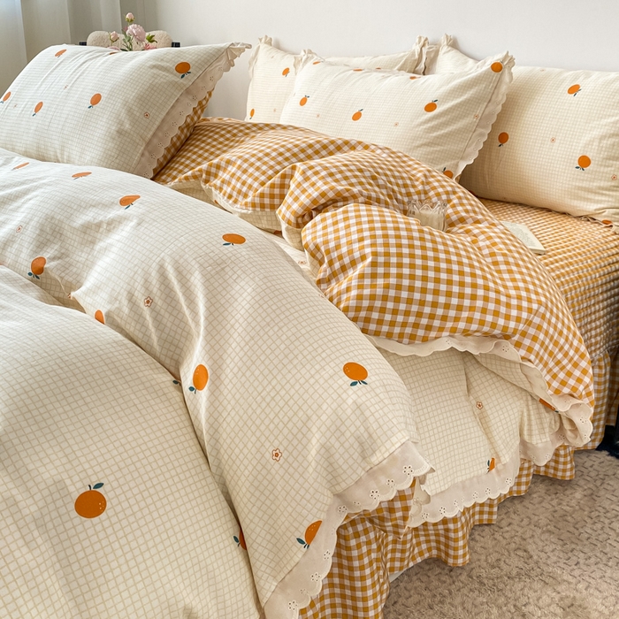 91家纺网 家纺一手货源 找家纺 梦可莱家居 2025新款全棉韩版蕾丝边床盖四件套 甜橙