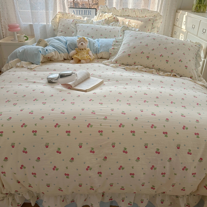 91家纺网 家纺一手货源 找家纺 轻奢坊 2025新款水洗棉密拷花边款 四件套 小樱桃