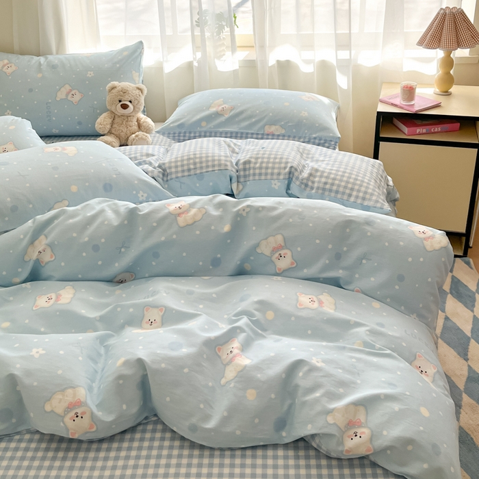 91家纺网 家纺一手货源 找家纺 吉象家纺 2025新款高支密全棉印花四件套12868跑量款 蓝色泡芙狗