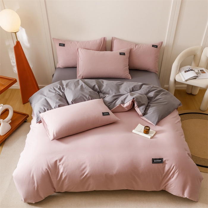 91家纺网 家纺一手货源 找家纺 趣色家纺 2025新款全棉双拼纯色四件套 香芋+浅灰