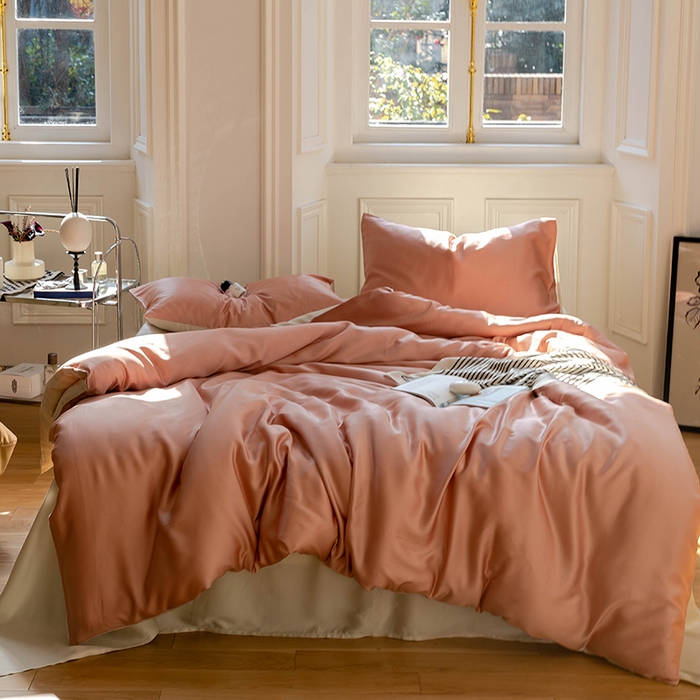 91家纺网 家纺一手货源 找家纺  沐晴家纺 2025春夏新款纯色兰精天丝四件套双拼单被套单床笠床单枕套 芝芝淘淘-极地白