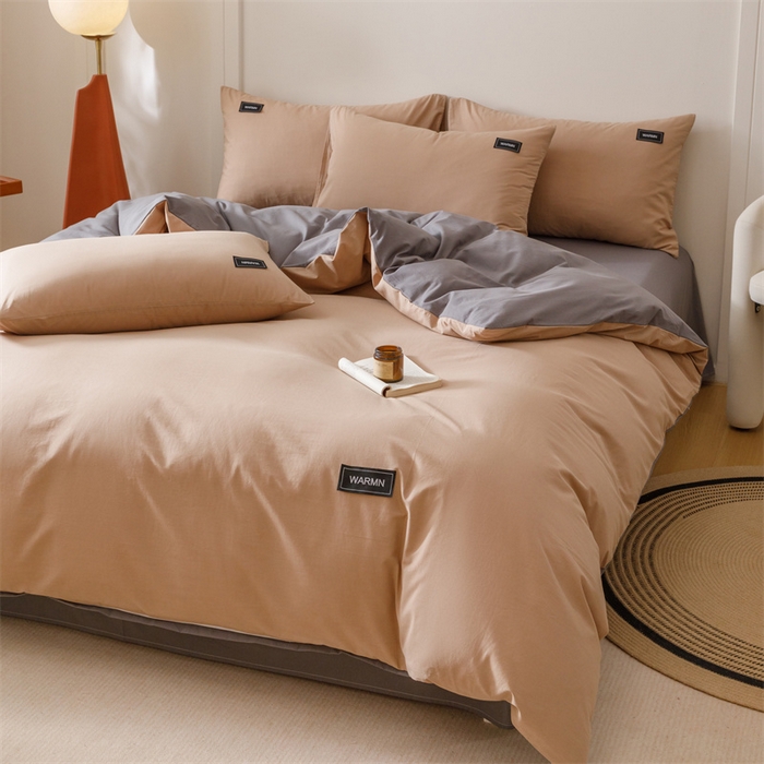 91家纺网 家纺一手货源 找家纺 趣色家纺 2025新款全棉双拼纯色四件套 卡其+浅灰