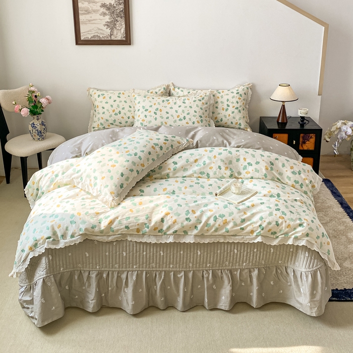 91家纺网 家纺一手货源 找家纺 梦可莱家居 2025新款全棉韩版蕾丝边床盖四件套 银杏叶