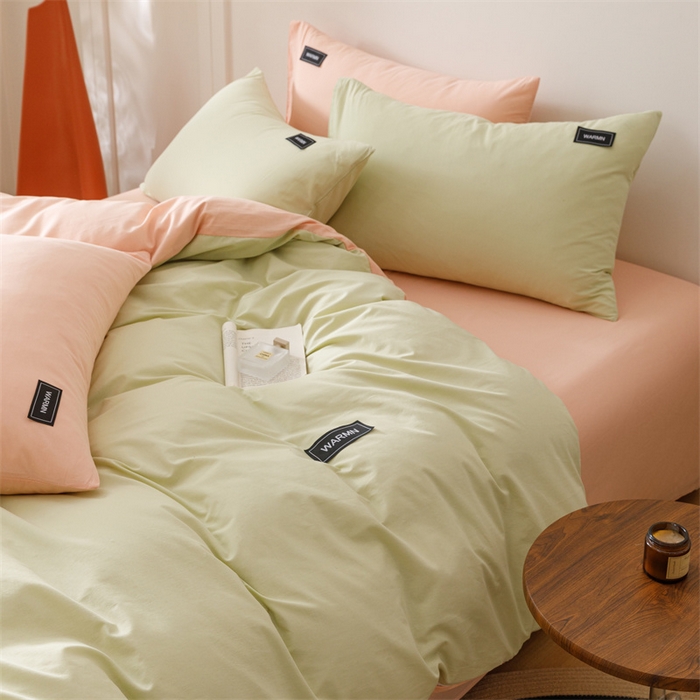 91家纺网 家纺一手货源 找家纺 趣色家纺 2025新款全棉双拼纯色四件套 抹茶+浅粉