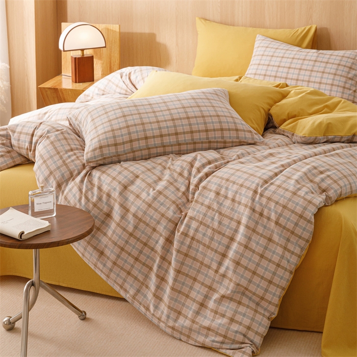 91家纺网 家纺一手货源 找家纺 趣色家纺 2025新款全棉色织水洗棉四件套 云水黄格