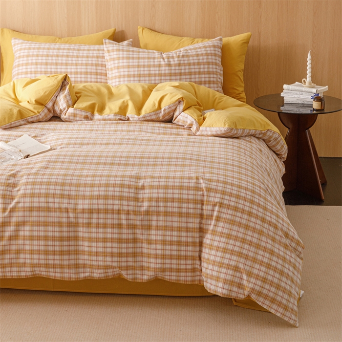 91家纺网 家纺一手货源 找家纺 趣色家纺 2025新款全棉色织水洗棉四件套 棉芷黄