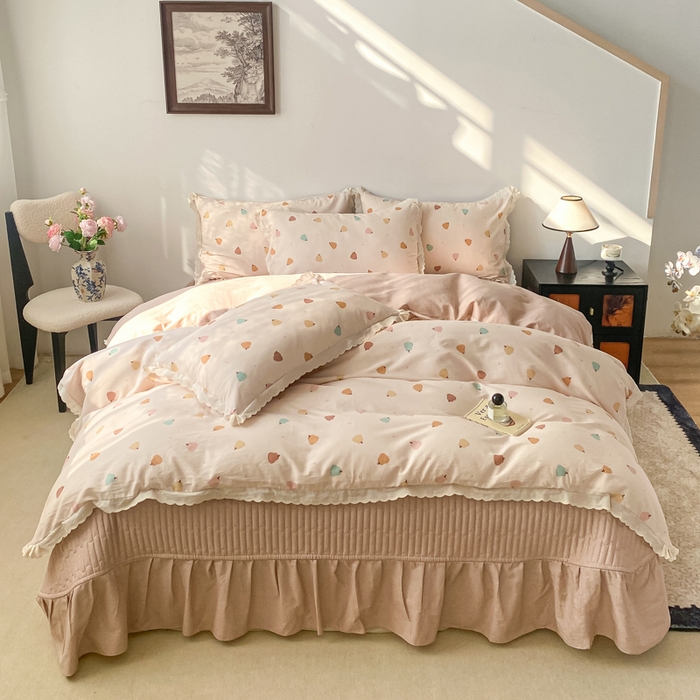 91家纺网 家纺一手货源 找家纺 梦可莱家居 2025新款全棉韩版蕾丝边床盖四件套 南瓜