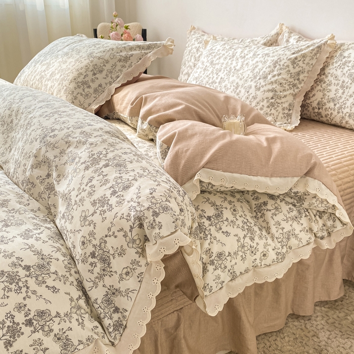 91家纺网 家纺一手货源 找家纺 梦可莱家居 2025新款全棉韩版蕾丝边床盖四件套 墨尔本
