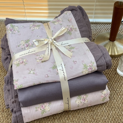 91家纺网 家纺一手货源 找家纺 （总）荣轩 2024新款全棉印花双层纱四件套 皱皱纱花边款