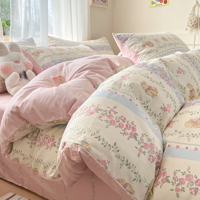 91家纺网 家纺一手货源 找家纺 吉象家纺 2025新款高支密全棉印花四件套12868跑量款 碎花小兔