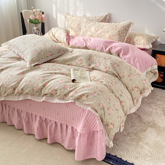 91家纺网 家纺一手货源 找家纺 梦可莱家居 2025新款全棉韩版蕾丝边床盖四件套 玫瑰