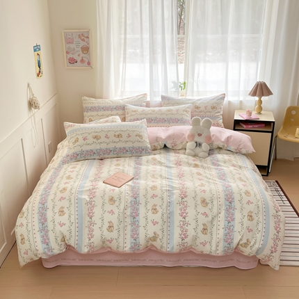 吉象家纺 2025新款高支密全棉印花四件套12868跑量款 碎花小兔