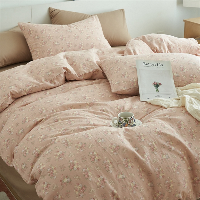 91家纺网 家纺一手货源 找家纺 趣色家纺 2025新款A类全棉双层纱印花四件套 清秋粉