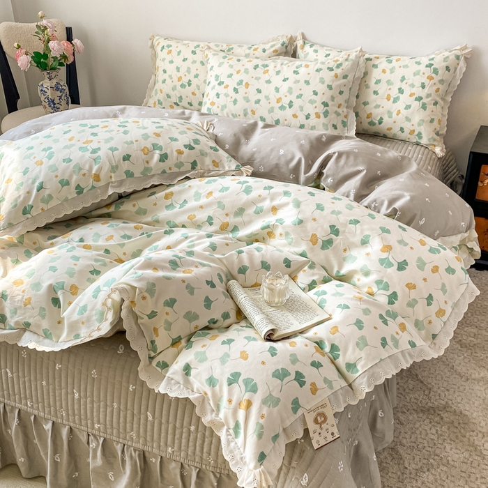 91家纺网 家纺一手货源 找家纺 梦可莱家居 2025新款全棉韩版蕾丝边床盖四件套 银杏叶
