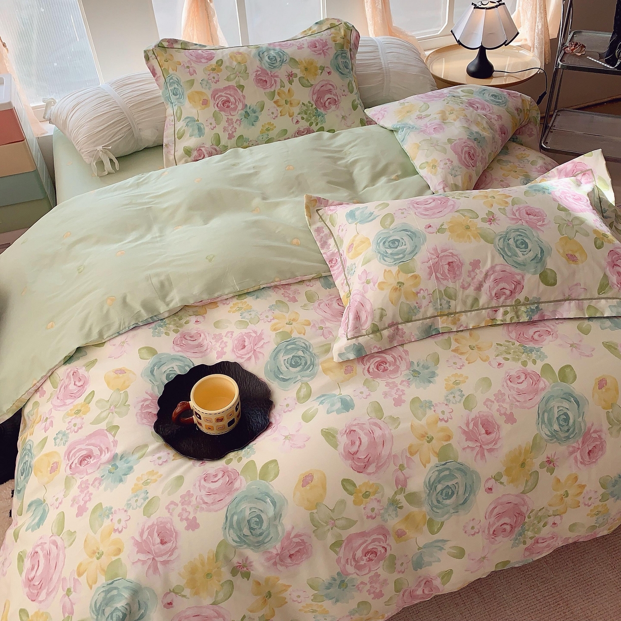 91家纺网 家纺一手货源 找家纺 奈萝家纺 2025新款亲肤小清新全棉四件套 油画玫瑰