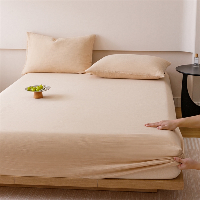 91家纺网 家纺一手货源 找家纺 趣色家纺 2025新款全棉皱皱纱单床笠 卡其