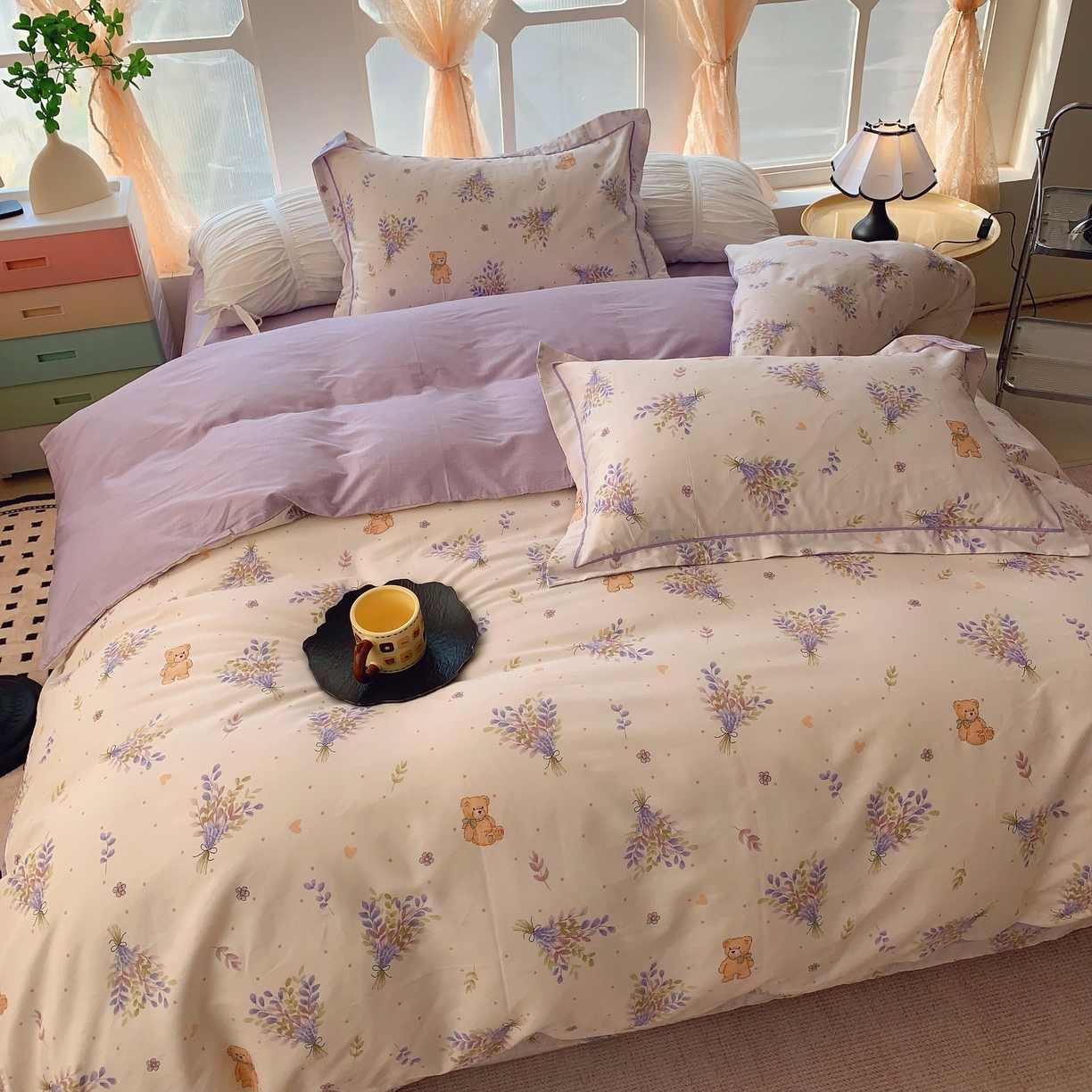 91家纺网 家纺一手货源 找家纺 奈萝家纺 2025新款亲肤小清新全棉四件套 松松熊米