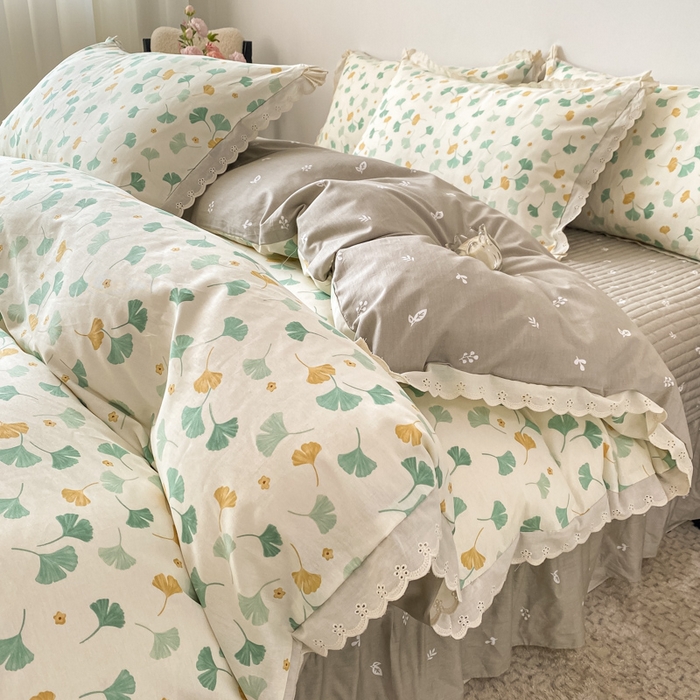 91家纺网 家纺一手货源 找家纺 梦可莱家居 2025新款全棉韩版蕾丝边床盖四件套 银杏叶