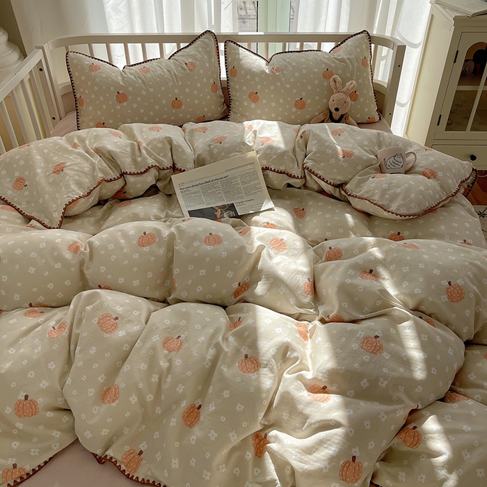 91家纺网 家纺一手货源 找家纺 三朵 2025新款全棉双层纱三角针四件套 爱心南瓜