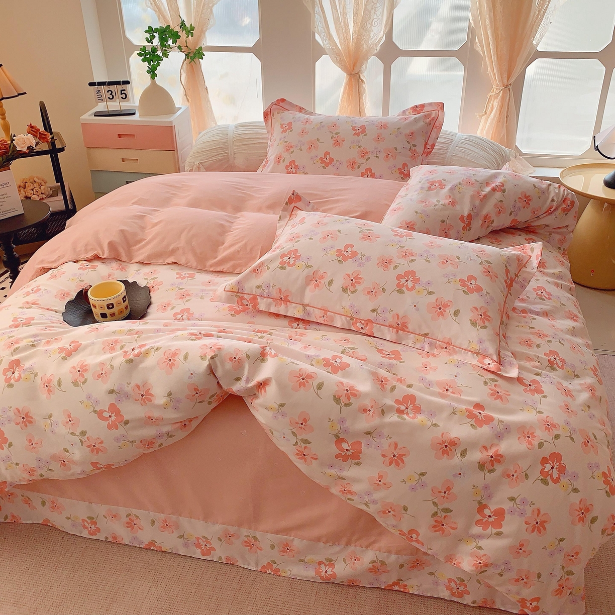 91家纺网 家纺一手货源 找家纺 奈萝家纺 2025新款亲肤小清新全棉四件套 芬芳粉