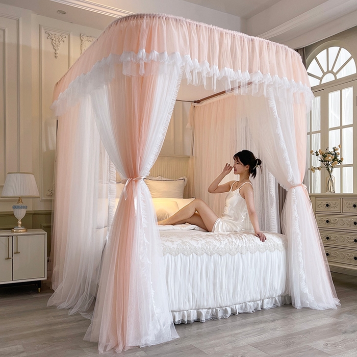 91家纺网 家纺一手货源 找家纺 宝莱利 2025年新款拉幕导轨蚊帐（可升降合金弯头支架）-田园风情 玫瑰粉