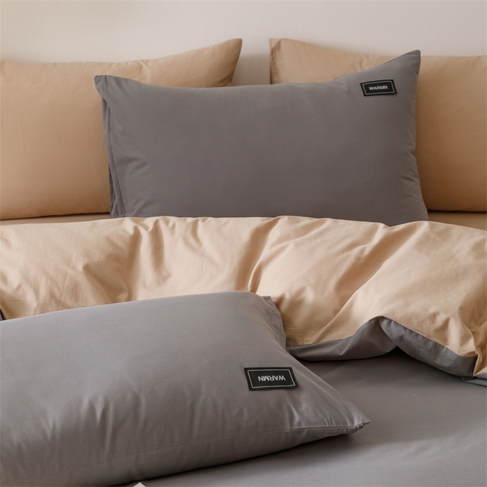 91家纺网 家纺一手货源 找家纺 趣色家纺 2025新款全棉双拼纯色四件套 浅灰+卡其