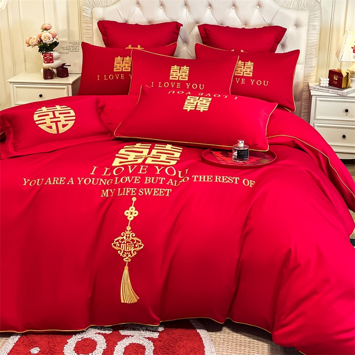 91家纺网 家纺一手货源 找家纺 欧乐蒂 2025新款亲肤棉刺绣婚庆四件套 今生今世