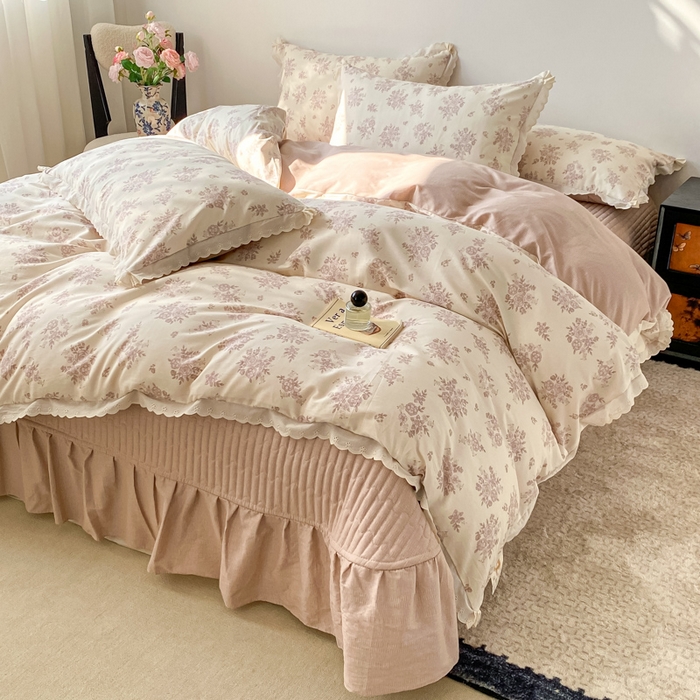 91家纺网 家纺一手货源 找家纺 梦可莱家居 2025新款全棉韩版蕾丝边床盖四件套 彩绘