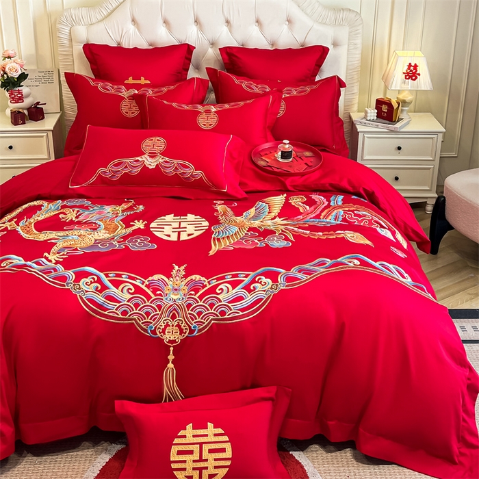 91家纺网 家纺一手货源 找家纺 欧乐蒂 2025新款亲肤棉刺绣婚庆四件套 龙凤祥瑞