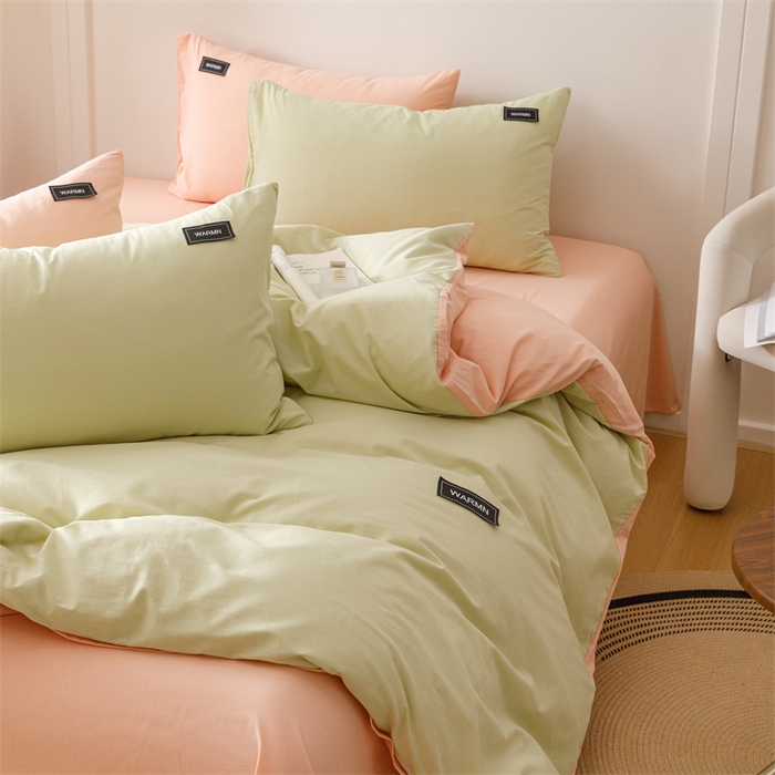 91家纺网 家纺一手货源 找家纺 趣色家纺 2025新款全棉双拼纯色四件套 抹茶+浅粉