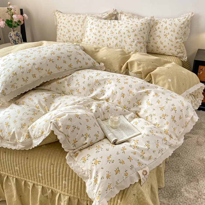 91家纺网 家纺一手货源 找家纺 梦可莱家居 2025新款全棉韩版蕾丝边床盖四件套 花儿