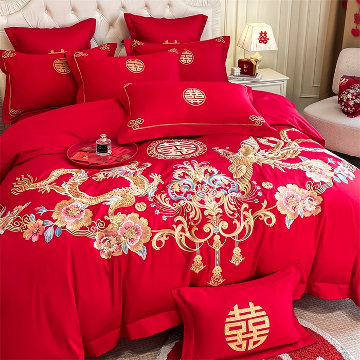 91家纺网 家纺一手货源 找家纺 欧乐蒂 2025新款亲肤棉刺绣婚庆四件套 金龙瑞凤