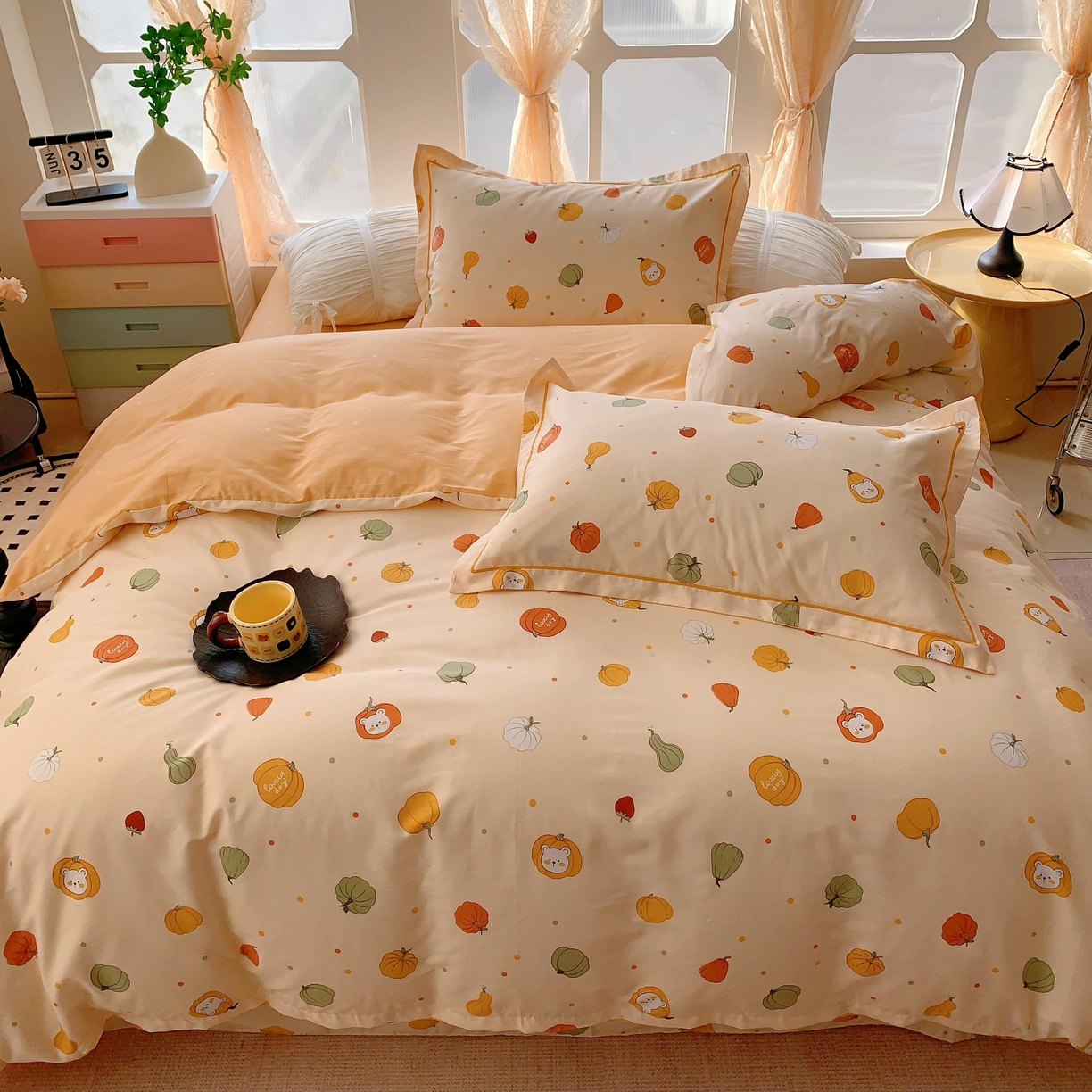 91家纺网 家纺一手货源 找家纺 奈萝家纺 2025新款亲肤小清新全棉四件套 元气南瓜