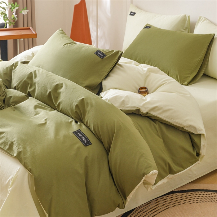 91家纺网 家纺一手货源 找家纺 趣色家纺 2025新款全棉双拼纯色四件套 草绿+抹茶
